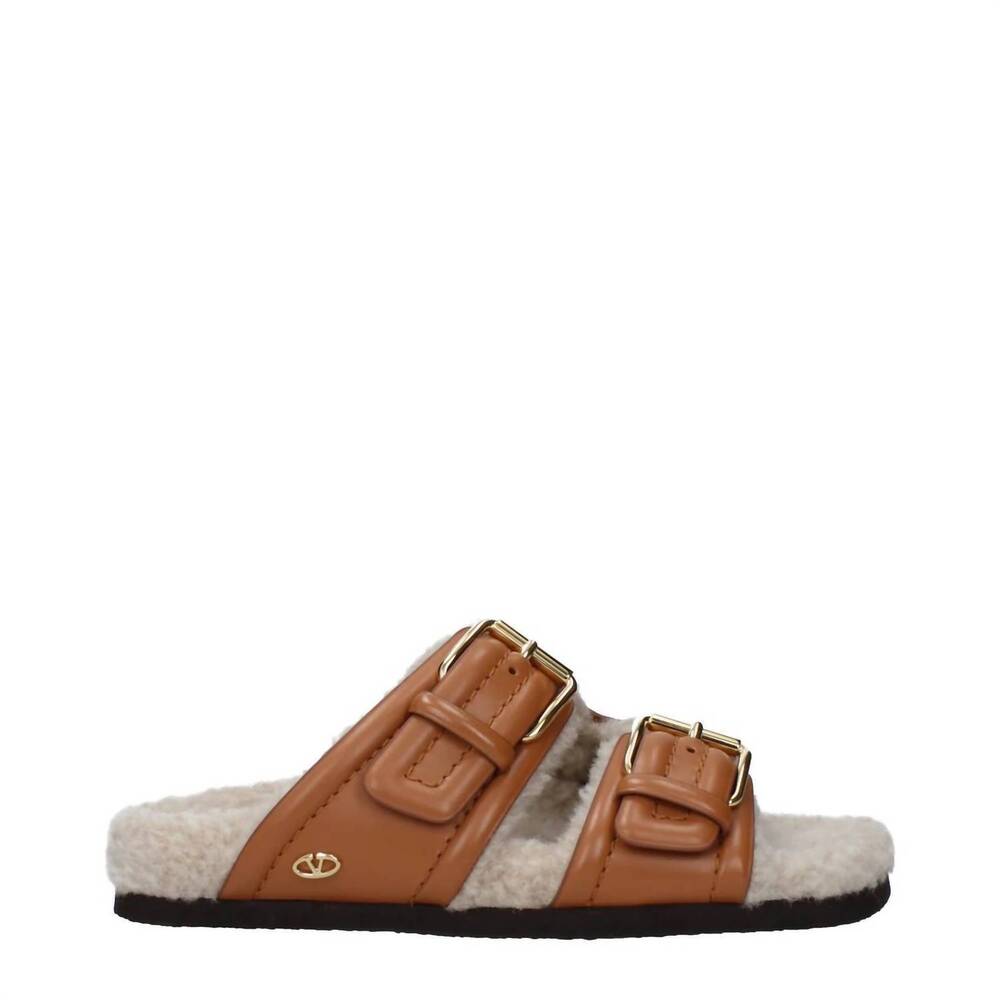 NEW VALENTINO GARAVANI women's fussfriend double-strap leather slide in brown